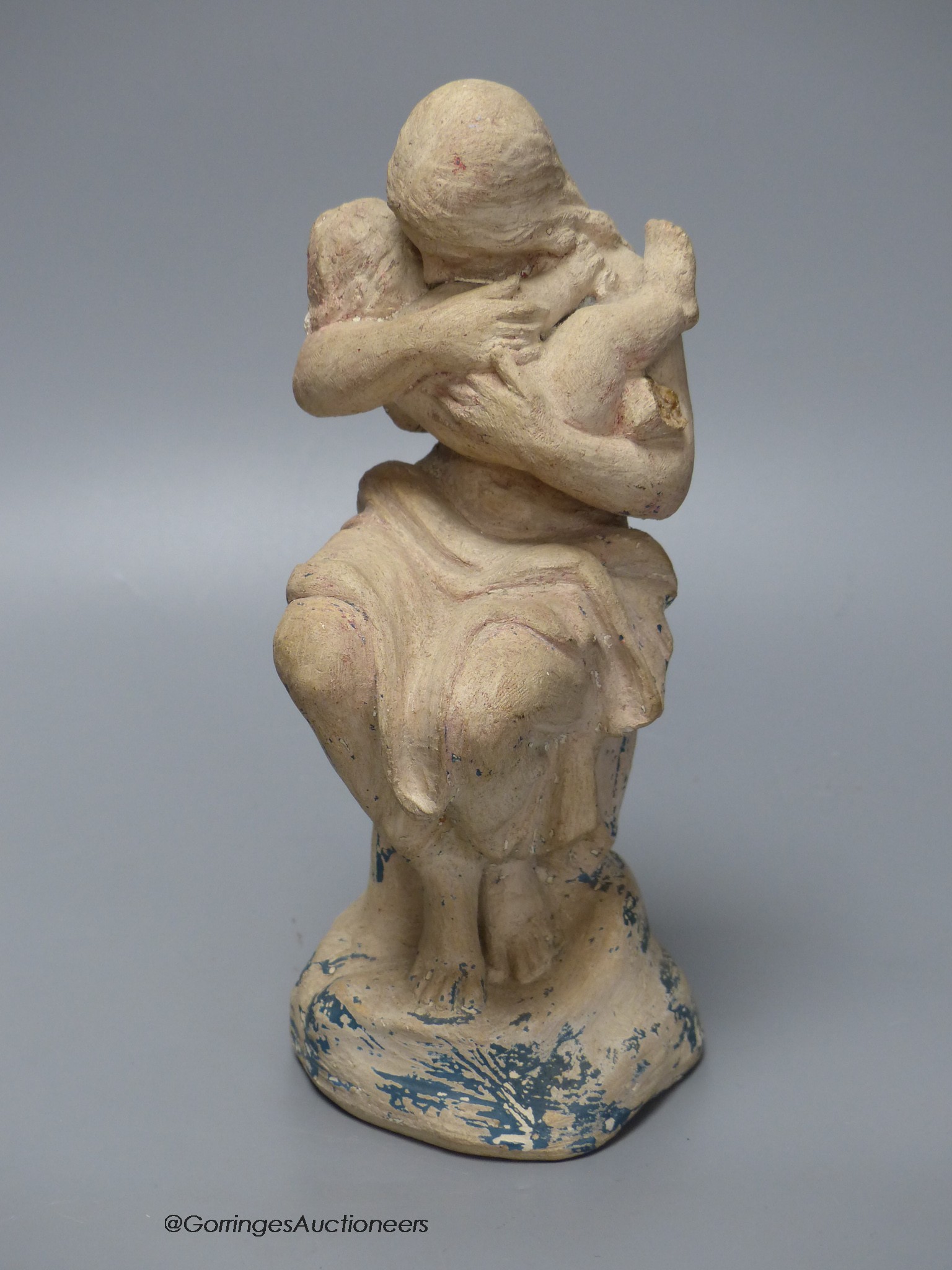 A Julian Bell terracotta figure of mother and child, with traces of original paint, base inscribed ' A Game of Romps, J. Bell ,1987', height 22cm 22cm.